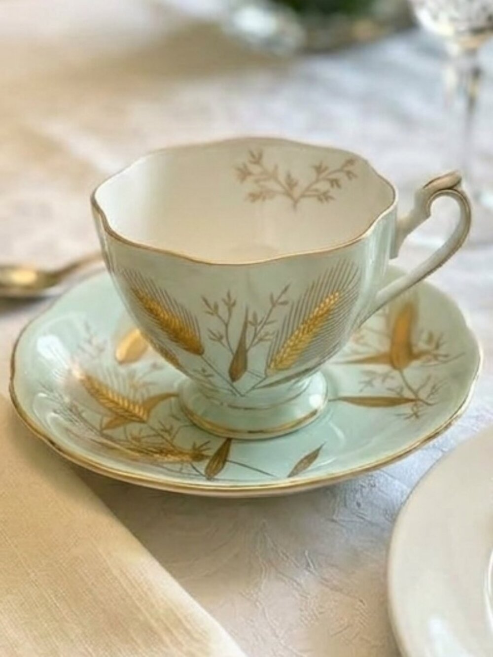 Vintage Teacup & Saucer Bone China Light Aqua Green Gold Queen Anne England